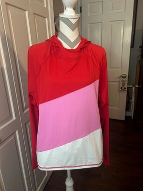 Talbots Red Pink White Colorblock Hooded Long-Sleeve Top